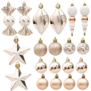 20-piece rose gold and champagne Christmas ornament set with assorted festive shapes