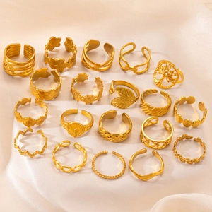 18-piece set of gold geometric heart and floral adjustable stainless steel rings for women