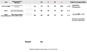 Size chart for bow-decorated top showing chest and length measurements for XS to L