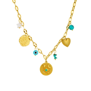 Gold stainless steel necklace featuring evil eye, Hamsa hand, and star heart charms