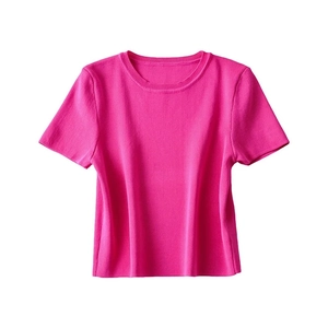 Slim fit women's short sleeve knit top in vibrant rose pink with a round neck