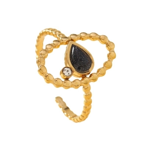 Adjustable gold beaded ring with teardrop blue sandstone and zircon crystal detail