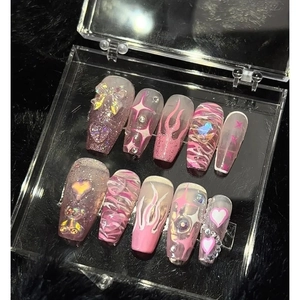 Handmade Press On Nails Pink Y2K Sweet Cool Coffin Shape With 3D Bows Bears Rhinestones For Women Charming Manicure
