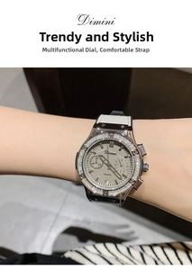 Gros plan d'une montre Dimini pour femme avec lunette diamant et bracelet en silicone