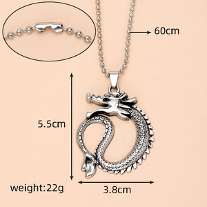 Silver dragon pendant necklace with dimensions 5.5x3.8cm and 60cm ball chain length