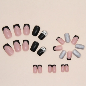 French black square press-on nails set with silver glitter and rhinestone accents