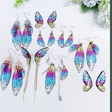 Macro detail of gradient butterfly wing earrings with s925 silver hooks and soft pearls