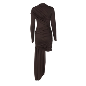 Detail view of the back side of dark brown slim fit dress with asymmetric ruching details