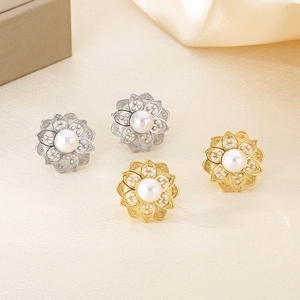 Elegant Flower Stud Earrings For Women With Stainless Steel Hollow Petals And White Artificial Pearl Lightweight Luxury Style