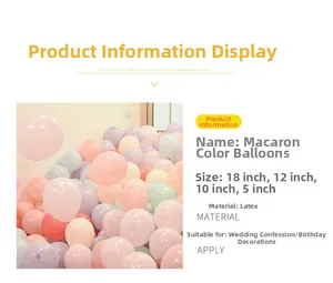 Detail specifications for macaron latex balloon kit in 5, 10, 12, 18 inch sizes for party decor