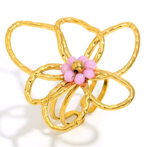 18K gold plated stainless steel flower ring with pink beads and textured petals