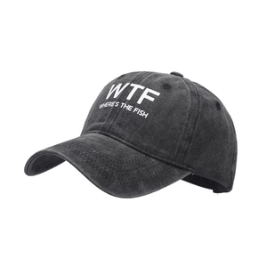 Washed black cotton baseball cap featuring WTF Where's The Fish print and curved brim