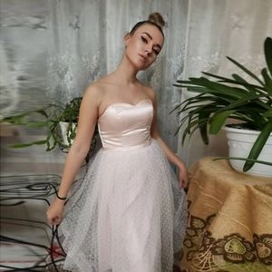Pink satin strapless dress with white polka dot mesh skirt for wedding parties