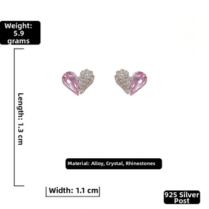 Detailed view of pink crystal heart earrings with dimensions and weight specifications
