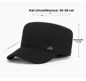 Black flat top military cap with dimensions 56-60cm circumference and silver mountain badge
