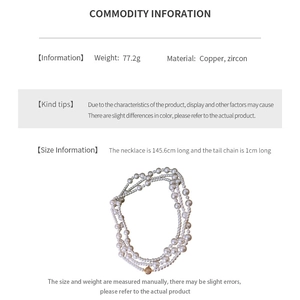 Détail du collier de perles multicouches avec fermoirs en cuivre et zircon, longueur 145,6cm