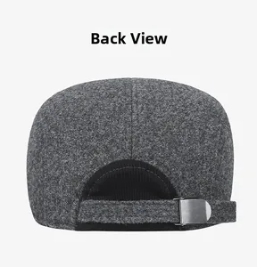 Rear view of winter wool duckbill cap with metal buckle and ribbed edge detail