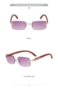 Detail view of rimless sunglasses featuring purple gradient lenses and wood grain temples