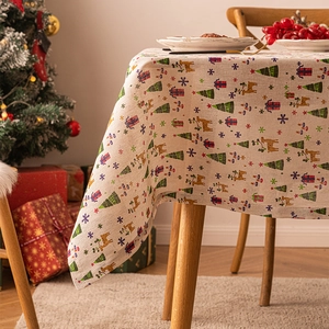Christmas Tablecloth Polyester Linen Texture Reindeer Snowflake Printed Festive Dining Table Decor Rectangle