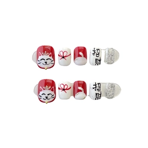 Handmade red lucky cat press-on nails set with 3D crown and glitter accents