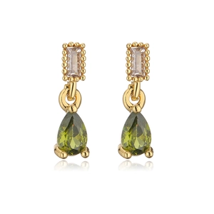 Detail of 18K gold teardrop earrings with green pear-shaped stone and square zircon stud