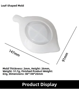 Vue détaillée du moule en silicone en forme de feuille avec dimensions pour bricolage résine