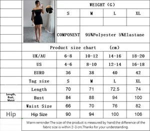 Detailed size chart for black off-shoulder mini dress with material and measurement info