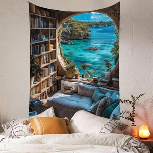 Detailed view of bohemian wall tapestry featuring a library and scenic ocean window design