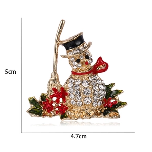 Close-up of a festive enamel snowman brooch with rhinestones, size 5cm by 4.7cm