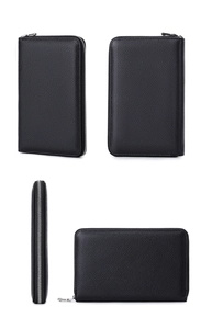 Multiple views of black genuine leather RFID passport wallet with zipper closure