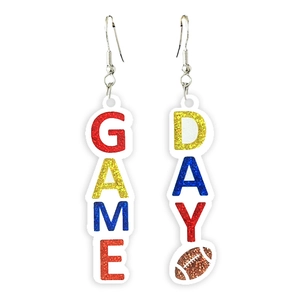 Close-up of glitter GAME DAY earrings with colorful letters and football pattern