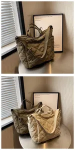 Detail of quilted tote bag featuring padded rhombus texture and convenient side pockets