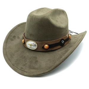 Close-up of olive green suede cowboy hat with brown leather band and bull head metal buckle