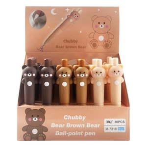 Close-up of Chubby Bear pens in three brown shades inside a 36-piece blue ink display box