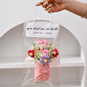 Artificial Flower Bouquet Soap Roses And Crocheted Yarn Flowers Pink Bucket Gift For Mothers Day Birthday Desktop Decor
