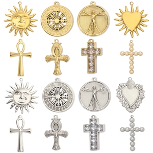 Vintage Stainless Steel Pendants For DIY Jewelry Making Viking Compass Sun Face Cross Heart With Zircon Artificial Pearl Designs