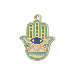 Detailed close-up of golden Hamsa hand pendant with colorful enamel and blue eye detail