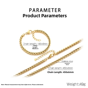 Vue détaillée de l'ensemble chaîne tressée en acier avec dimensions du collier et du bracelet