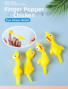 Detail showing the finger slingshot mechanism for yellow TPR rubber toy chickens