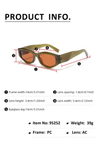 Size chart showing frames width, lens dimensions and technical specs for cat eye sunglasses