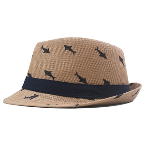 Kids summer straw fedora hat in light brown with navy band and small shark prints