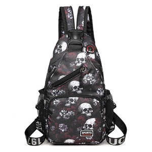 Skull and rose print crossbody chest bag with adjustable strap and headphone jack