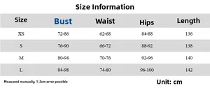 Detailed size chart for sexy backless slit evening dress including XS to L measurements