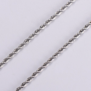 Detailed macro view of silver stainless steel rope chain with polished twisted texture