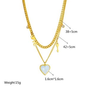 Double-layered gold titanium steel heart necklace with LOVE lettering and rhinestone accents