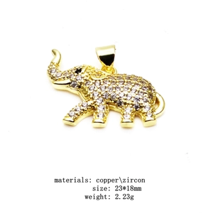 Macro detail of gold-plated elephant pendant with zircon inlays and sizing specifications