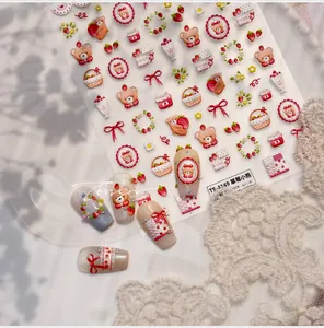 Detail of TS-4149 nail art stickers with cute 3D relief strawberry bear and bow designs