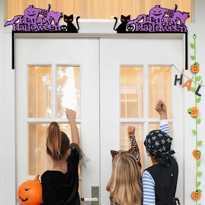 Décor de cadre de porte Halloween à paillettes violettes avec chauves-souris et citrouilles