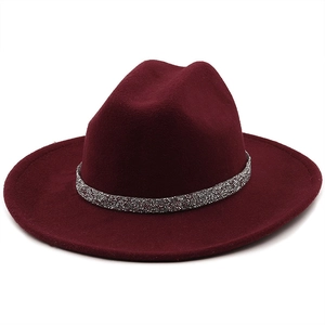 Detail of burgundy wool fedora hat featuring a silver glitter band on a white background