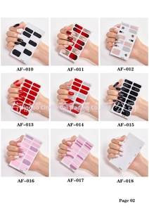 Detailed catalog showing nine minimalist long-lasting nail sticker designs and effects